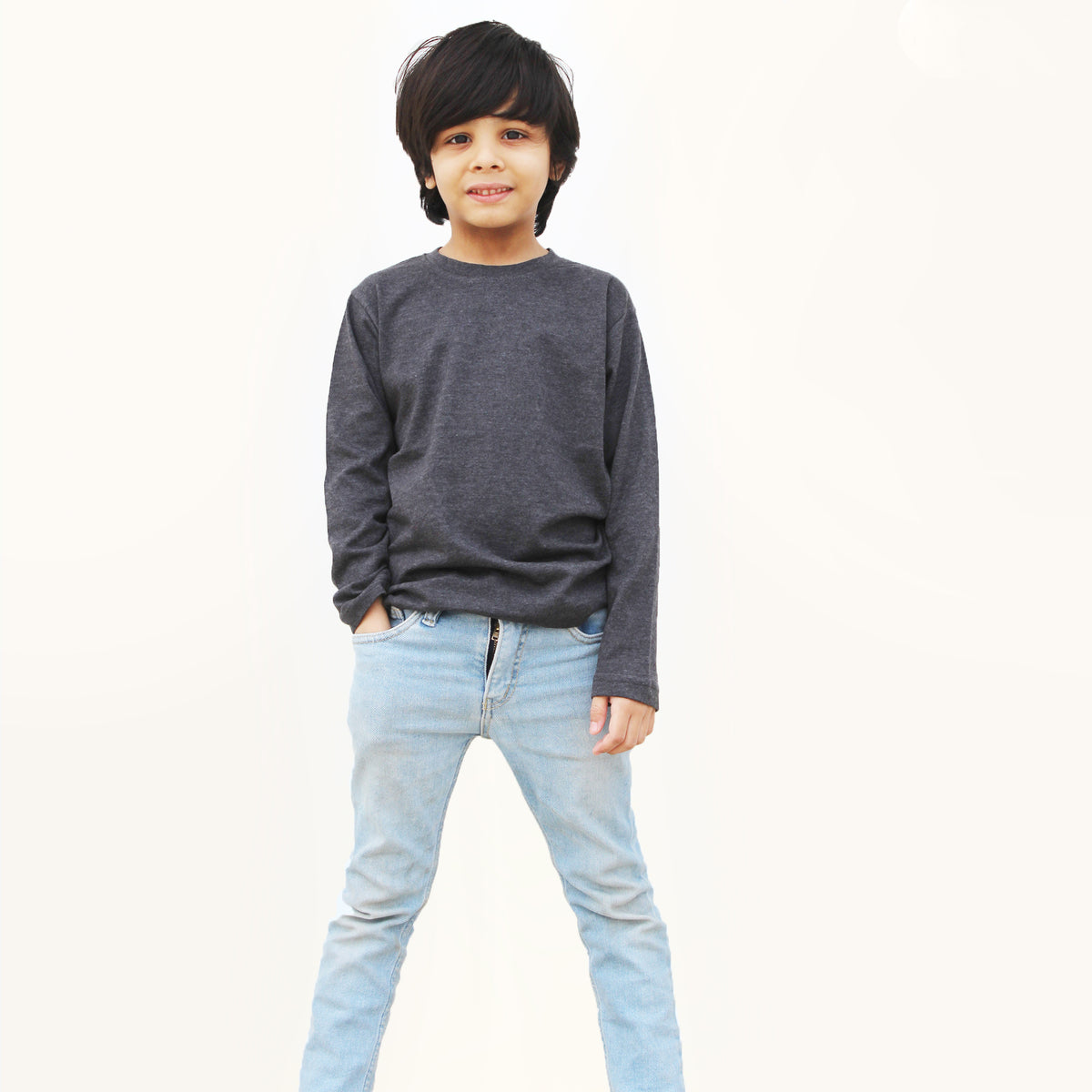 Charcoal grey full sleeve cotton jersey T-shirt for kids, front view.
