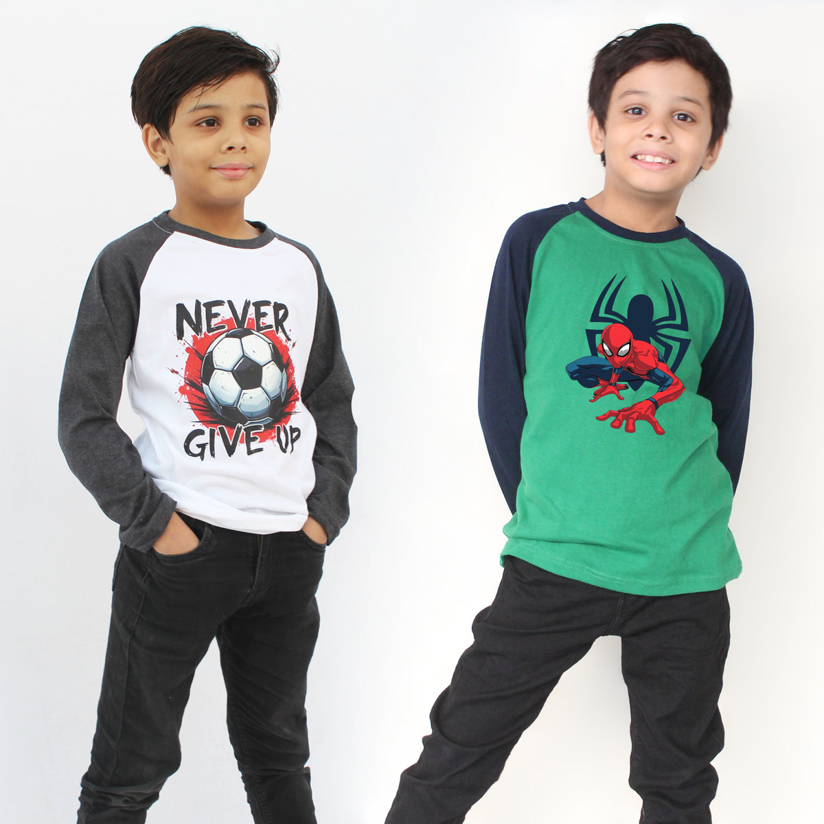 the shop Pack of 2 kids full sleeve raglan T-shirts in green navy and white charcoal colour combinations