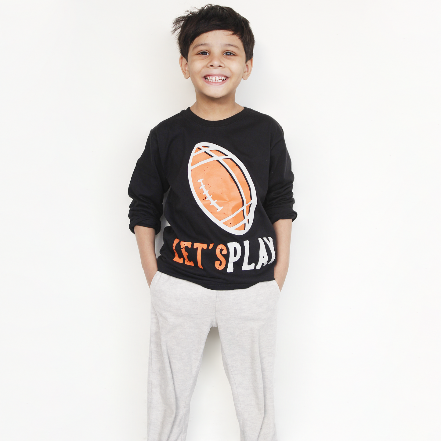 Kids black full sleeves "Let’s Play" t-shirt for boys & girls – round neck casual outfit