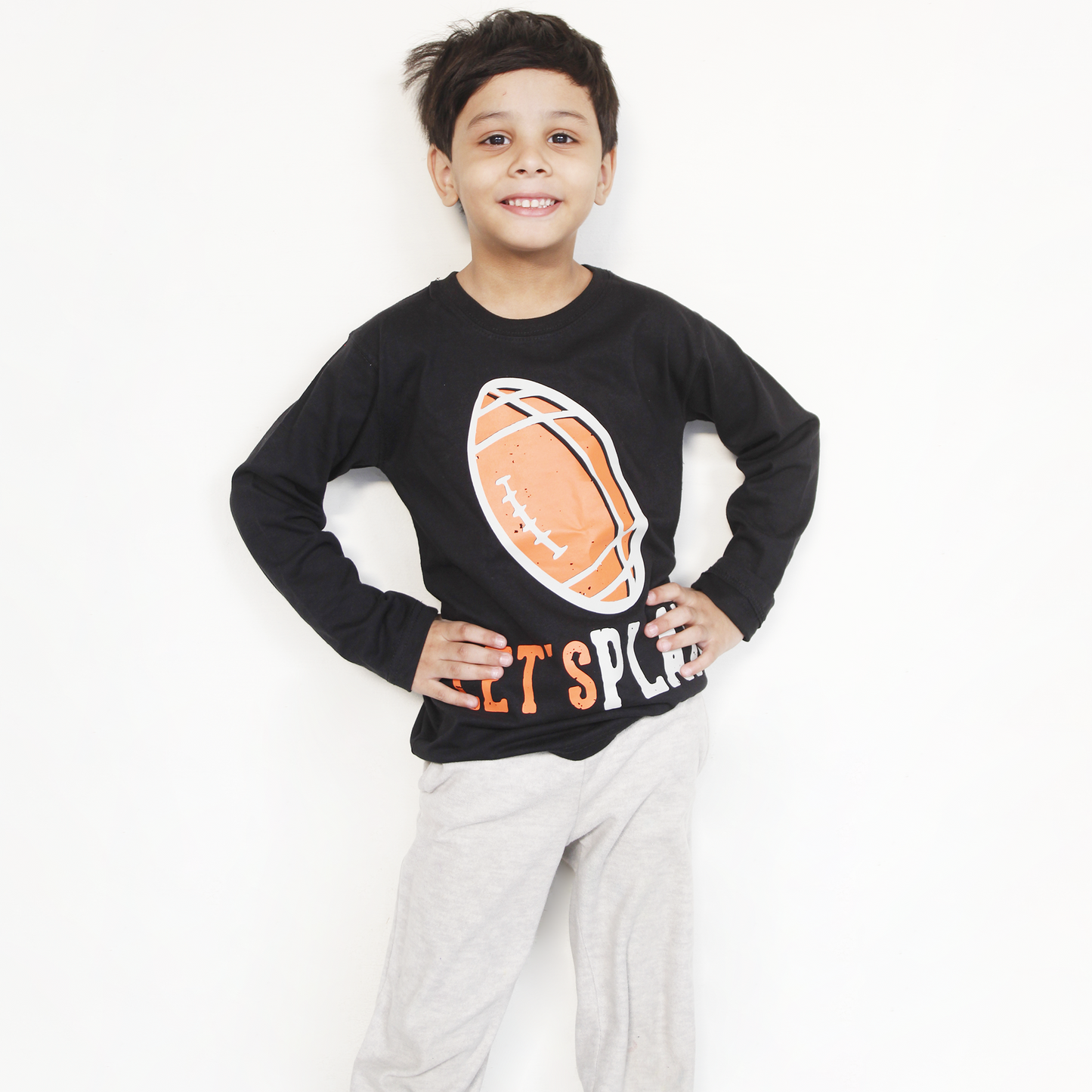 Comfortable black full sleeves t-shirt with "Let’s Play" print – for school & playtime