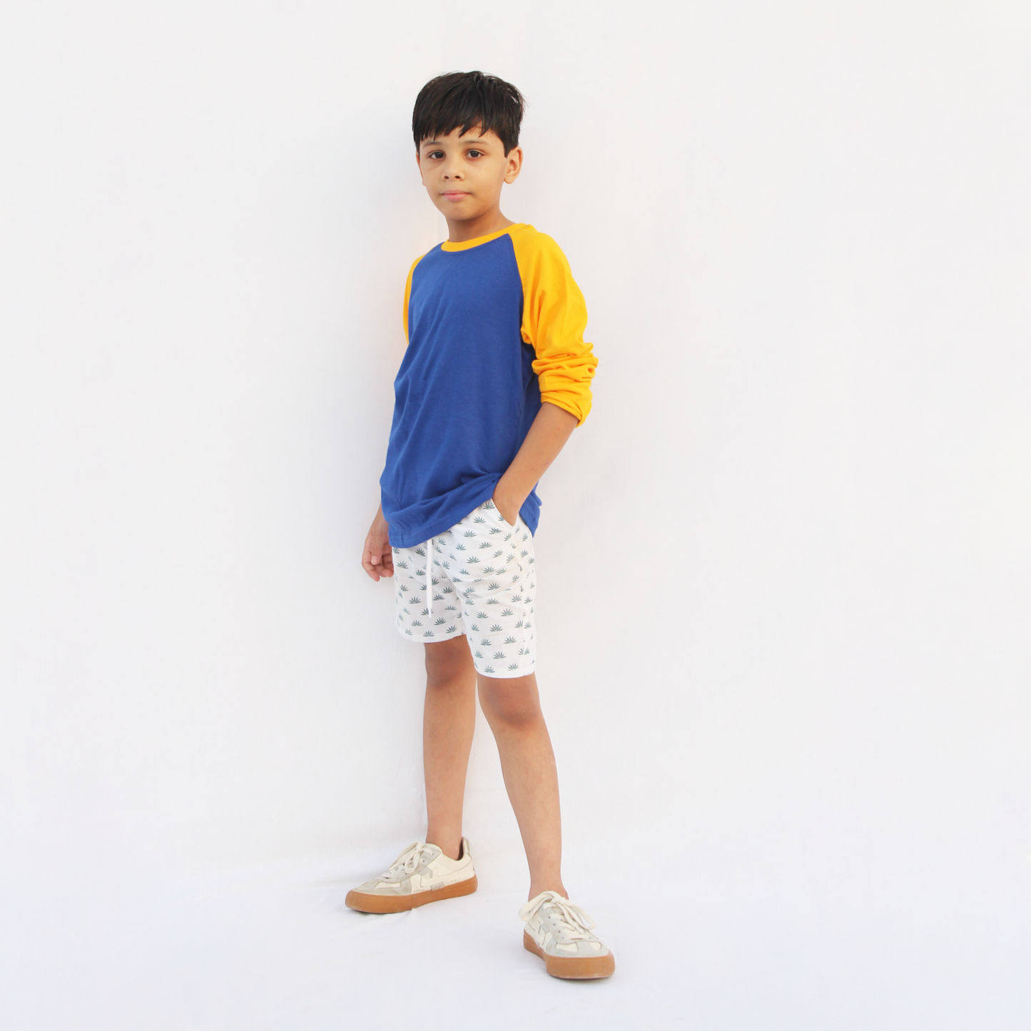 blue body yellow sleeves raglan tshirt for boys girls