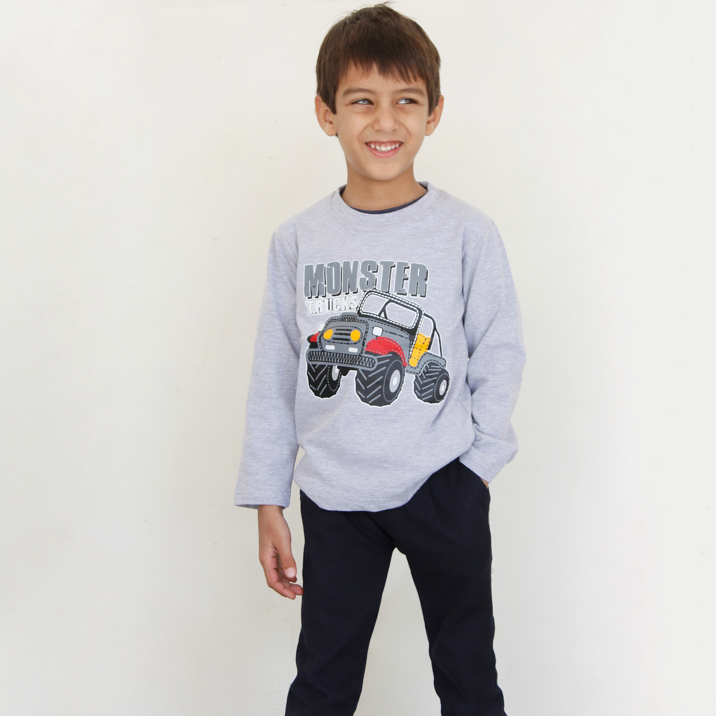 Grey Monster Truck Print Full Sleeves T-Shirt for Boys & Girls