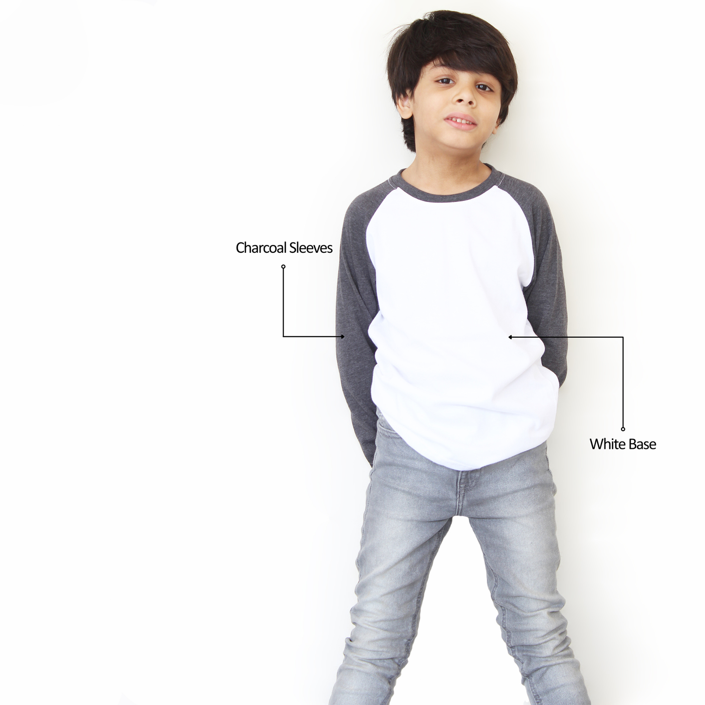 White with charcoal sleeves raglan kids t shirt – premium cotton jersey fabric