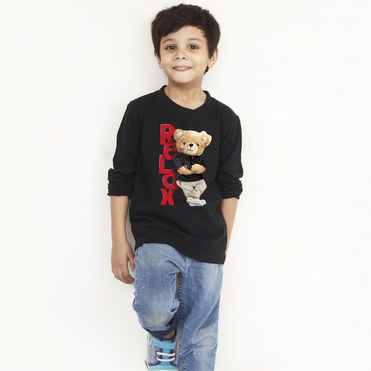 Black Relax Bear Kids T-Shirt – Trendy Full Sleeves Design