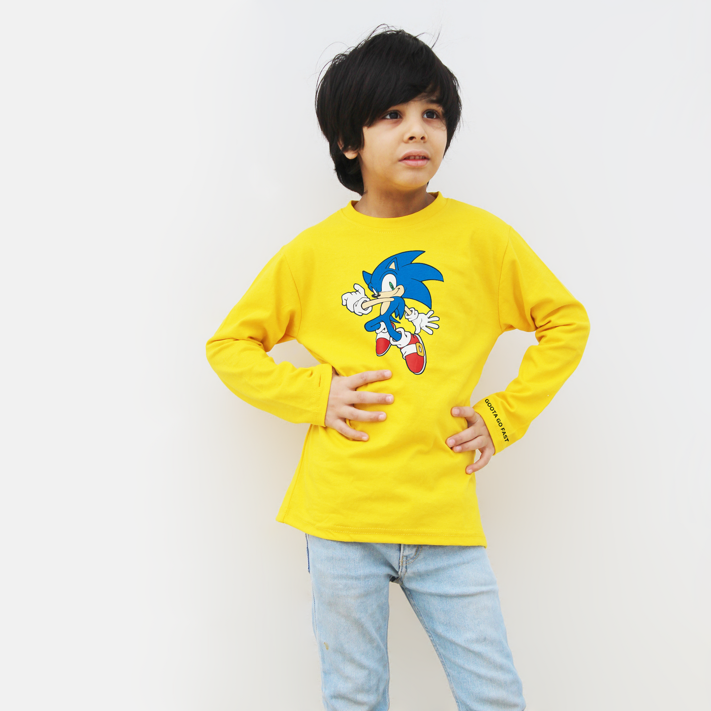 Yellow Sonic Print Full Sleeves T-Shirt for Boys & Girls – Round Neck