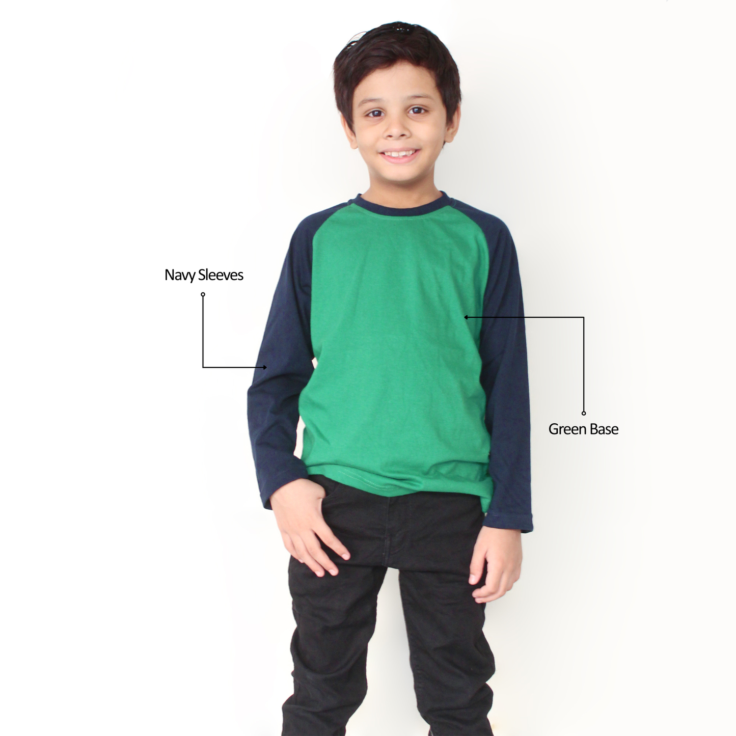 Green with navy sleeves cotton t shirt for kids – casual wear for boys and girls