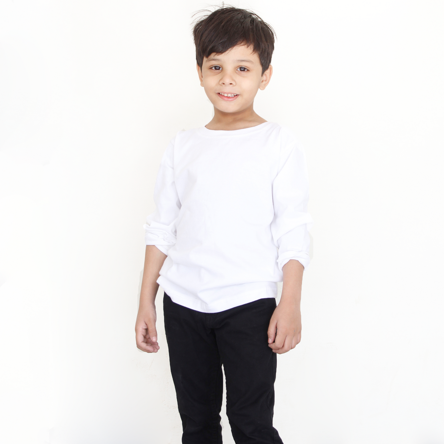 Kids round neck white full sleeves t-shirt back side
