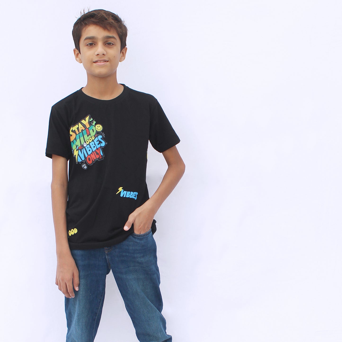Good Vibes black T-shirt for boys and girls kids