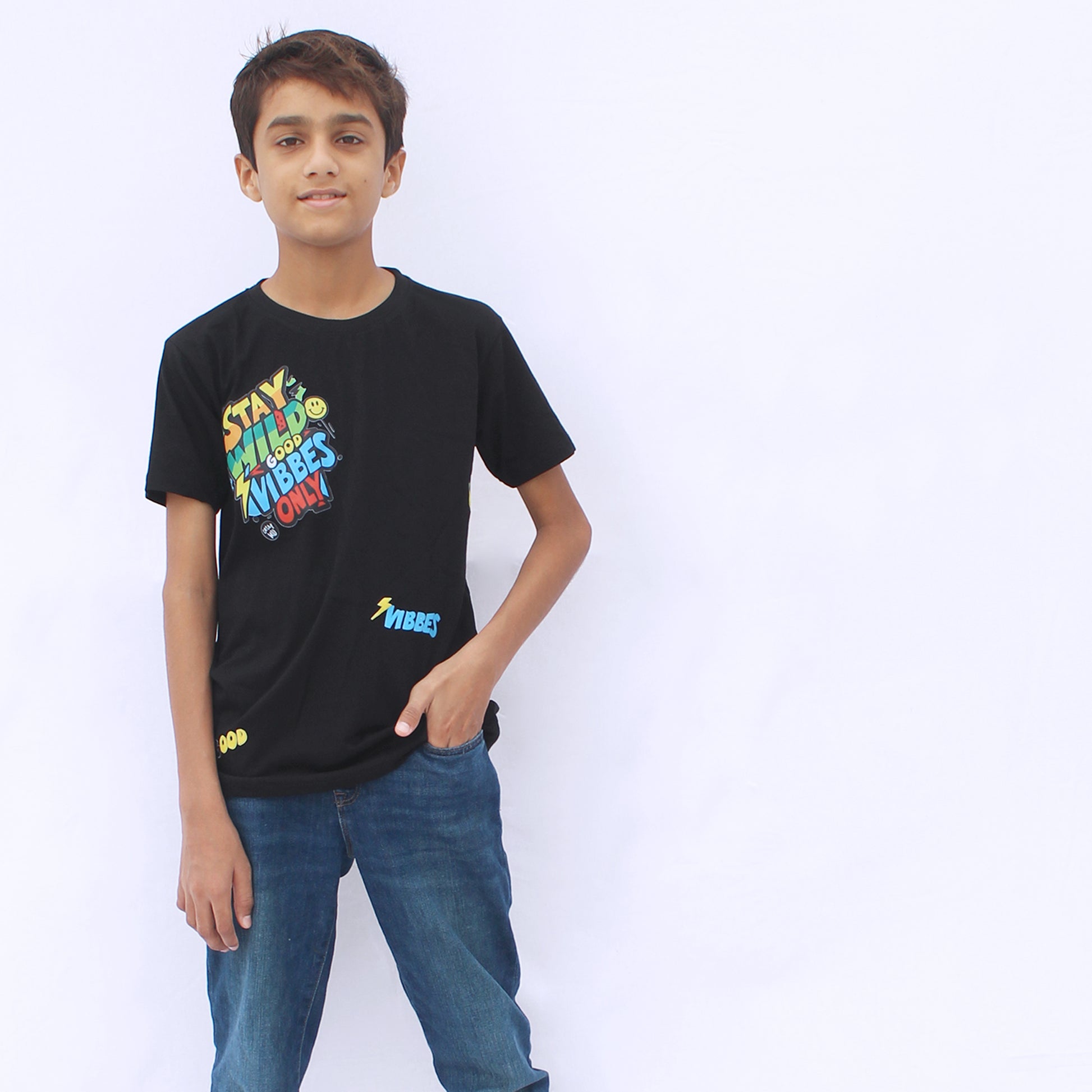 Good Vibes black T-shirt for boys and girls kids
