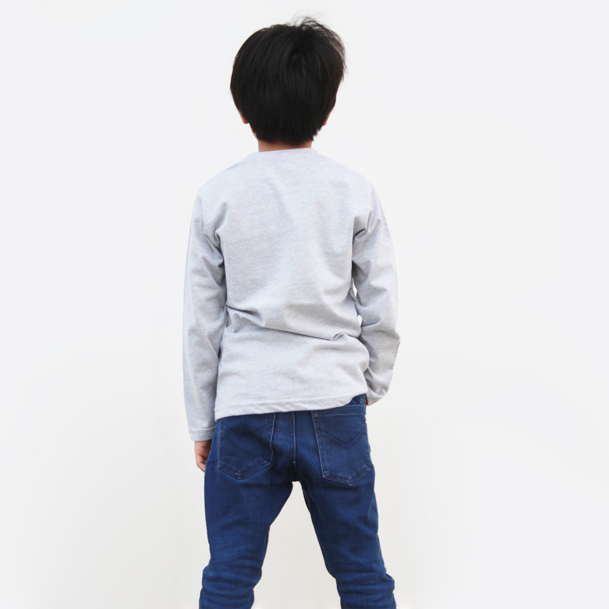Back view of a grey full sleeve cotton jersey T-shirt for kids.