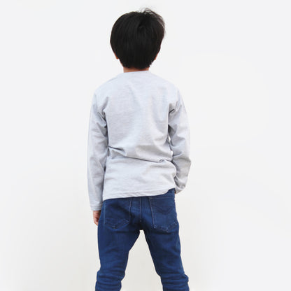 Back view of a grey full sleeve cotton jersey T-shirt for kids.
