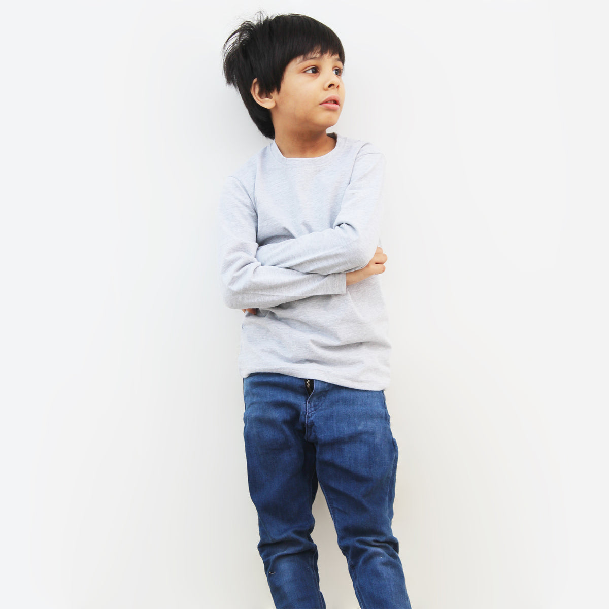 Grey full sleeve cotton jersey T-shirt for boys and girls, front view.