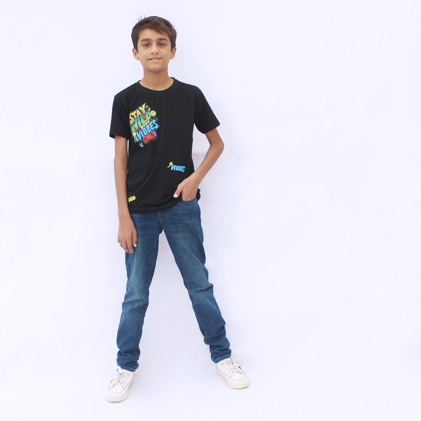 Kids black round neck half sleeve T-shirt