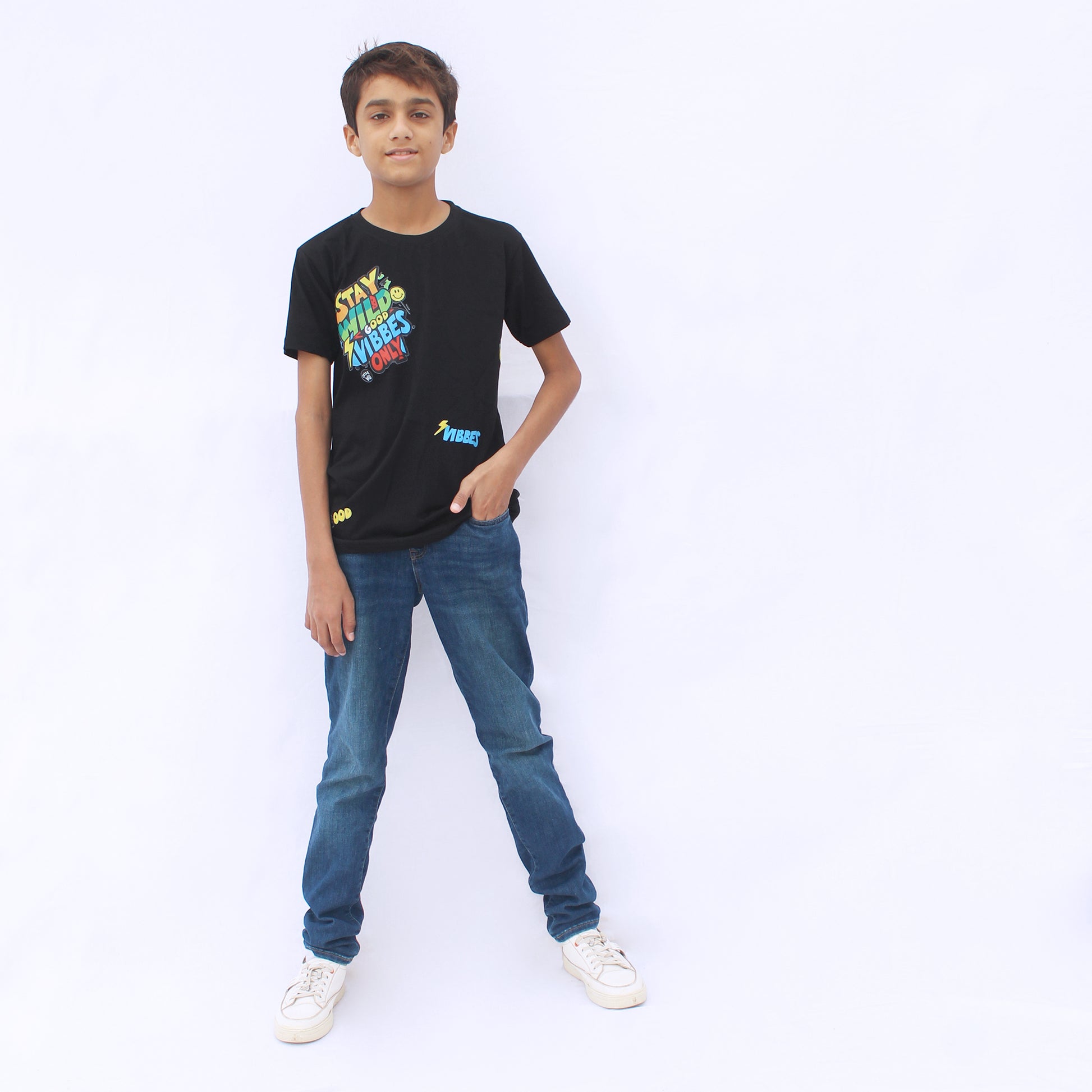 Kids black round neck half sleeve T-shirt