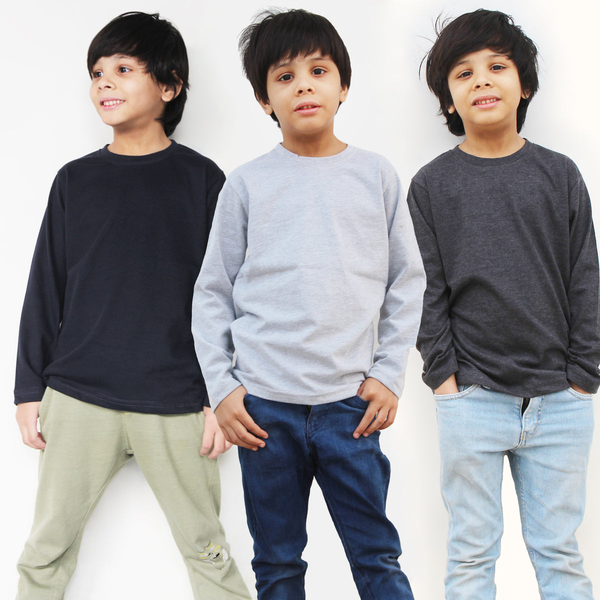 Pack of 3 kids full sleeve cotton jersey T-shirts in navy blue, charcoal grey and grey for boys and girls.