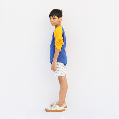 the shop Kids round neck raglan T-shirt with blue body and yellow sleeves
