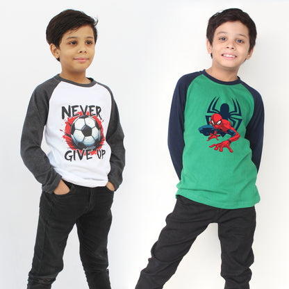 the shop Pack of 2 kids full sleeve raglan T-shirts in green navy and white charcoal colour combinations