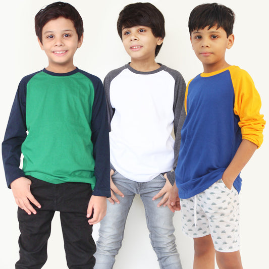 the shop, Pack of 3 kids raglan full sleeve T-shirts in three colour combinations for boys and girls.