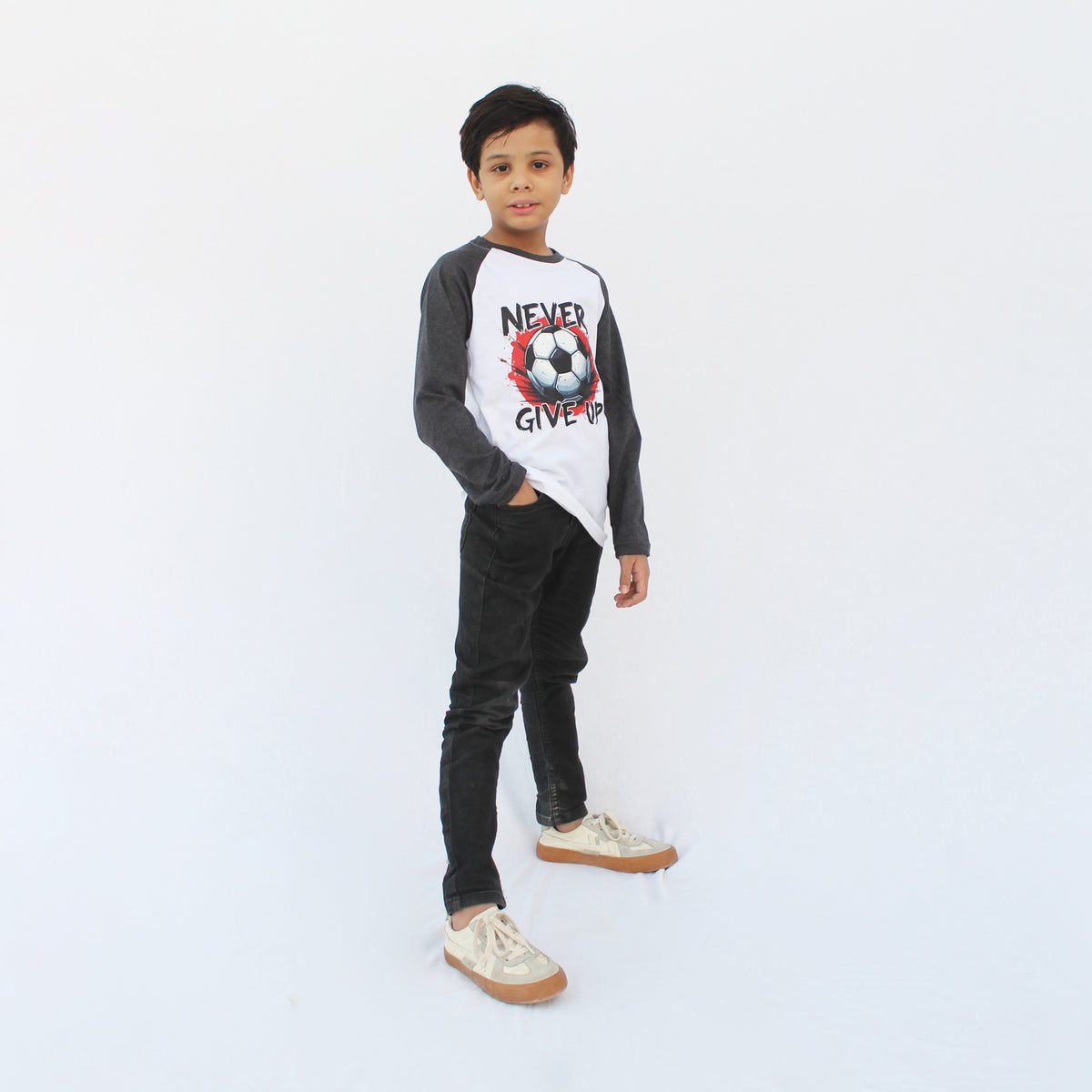 White and charcoal two-tone raglan long sleeve casual T-shirt by The Shop Pakistan.