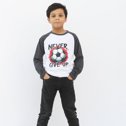White and charcoal raglan full sleeve T-shirt with white body and charcoal sleeves