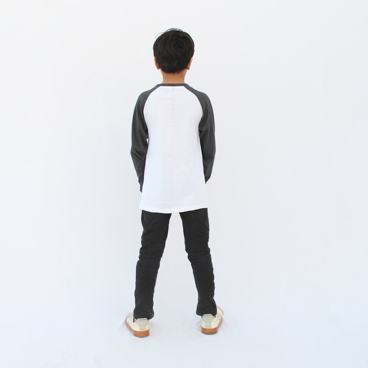 Back view of white body and charcoal sleeves raglan full sleeve T-shirt.