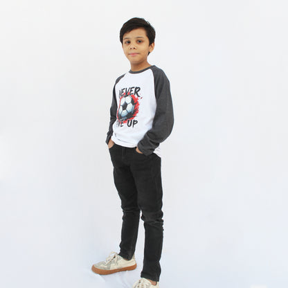 Close-up of charcoal raglan sleeves and neckline on a white full sleeve T-shirt.