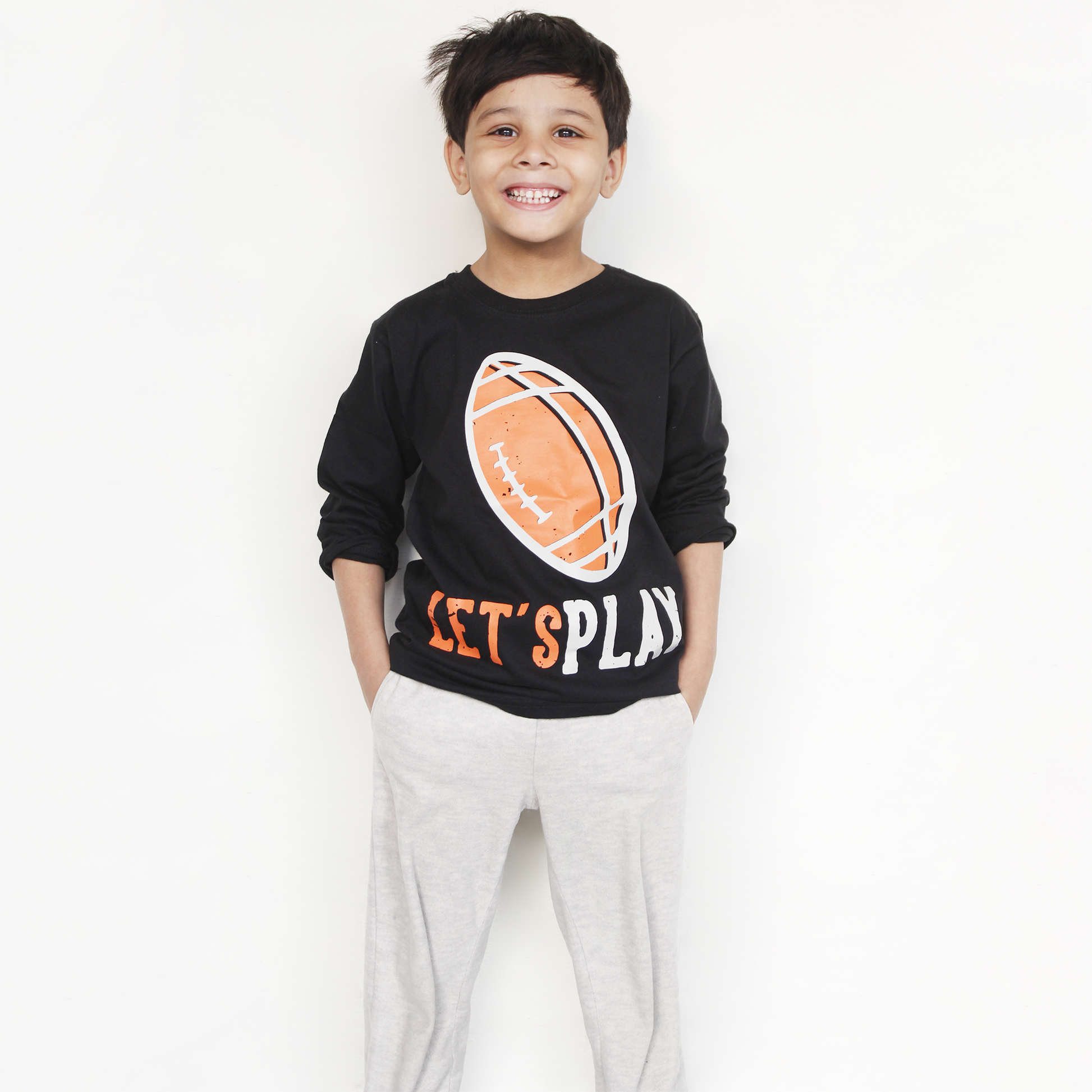 Kids black full sleeves "Let’s Play" t-shirt for boys & girls – round neck casual outfit
