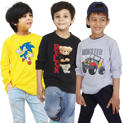 Pack of 3 Kids Full Sleeves T-Shirts – Sonic, Relax Bear & Monster Truck Prints