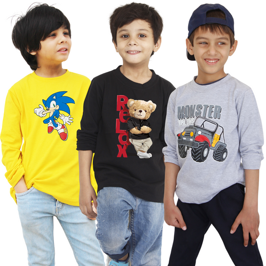 Pack of 3 Kids Full Sleeves T-Shirts – Sonic, Relax Bear & Monster Truck Prints