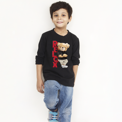 Black Relax Bear Kids T-Shirt – Trendy Full Sleeves Design
