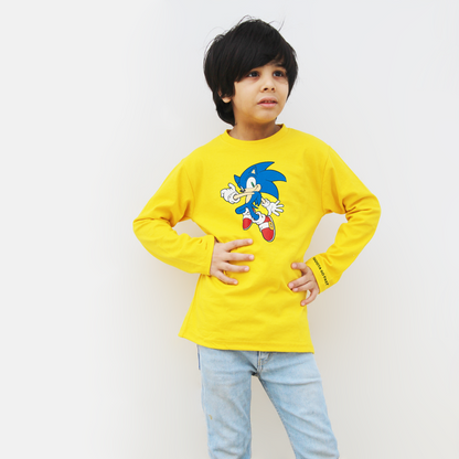 Yellow Sonic Print Full Sleeves T-Shirt for Boys & Girls – Round Neck