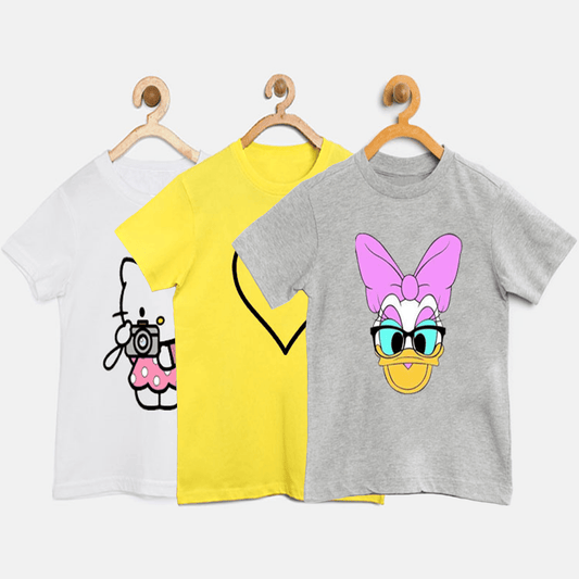 Pack Of 3 - Kitty Heart & Daisy T Shirt For Girls, White Yellow Grey - The Shop.